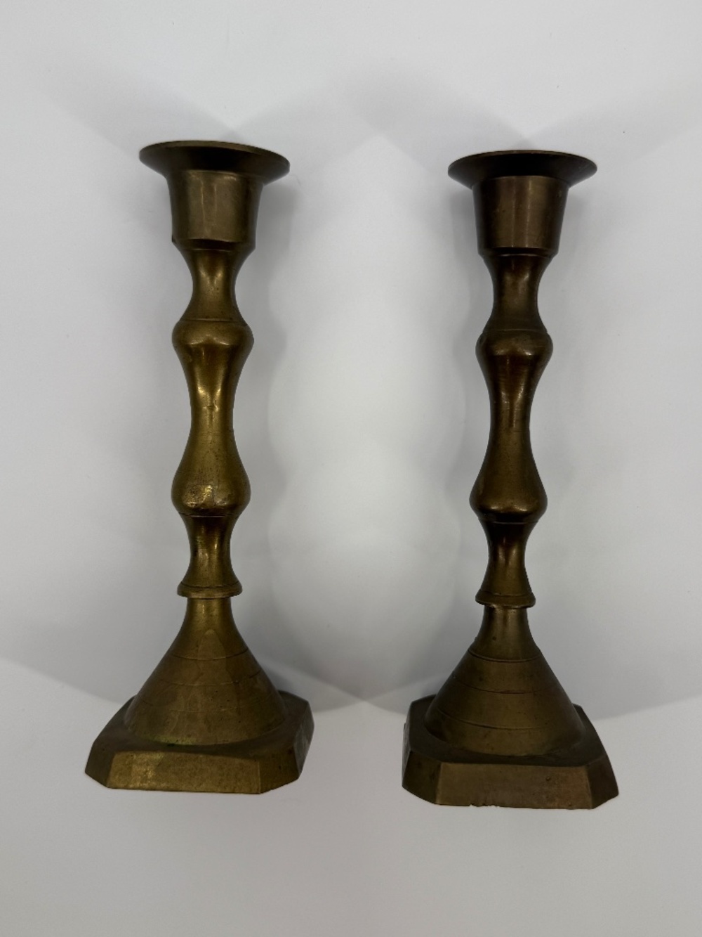 Vintage Solid Brass Candlestick Holders Pair 7" Octagonal Base Made in India